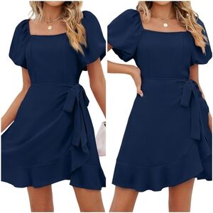 NWOT Sampeel Navy Blue Square Puff Sleeve Tie Wrap Ruffle Flowy Mini Dress L
